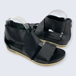 Eileen Fisher Sport Crisscross Black Leather Zip White Midsole Platform Sandal 9